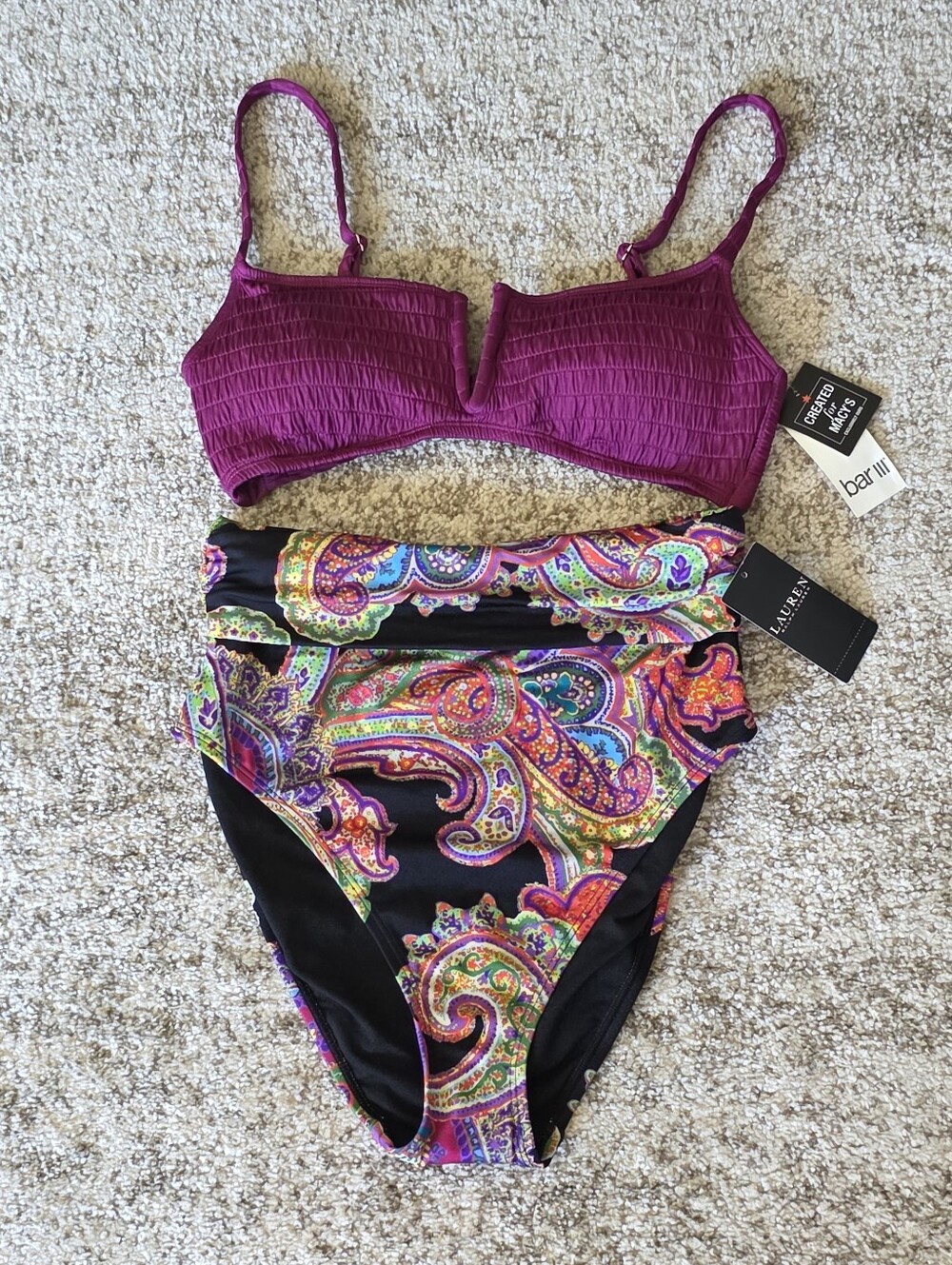 NWT Ralph Lauren Paisley High Waist Bikini Bottoms Sz 8 Bar lll V Bandeau Top M